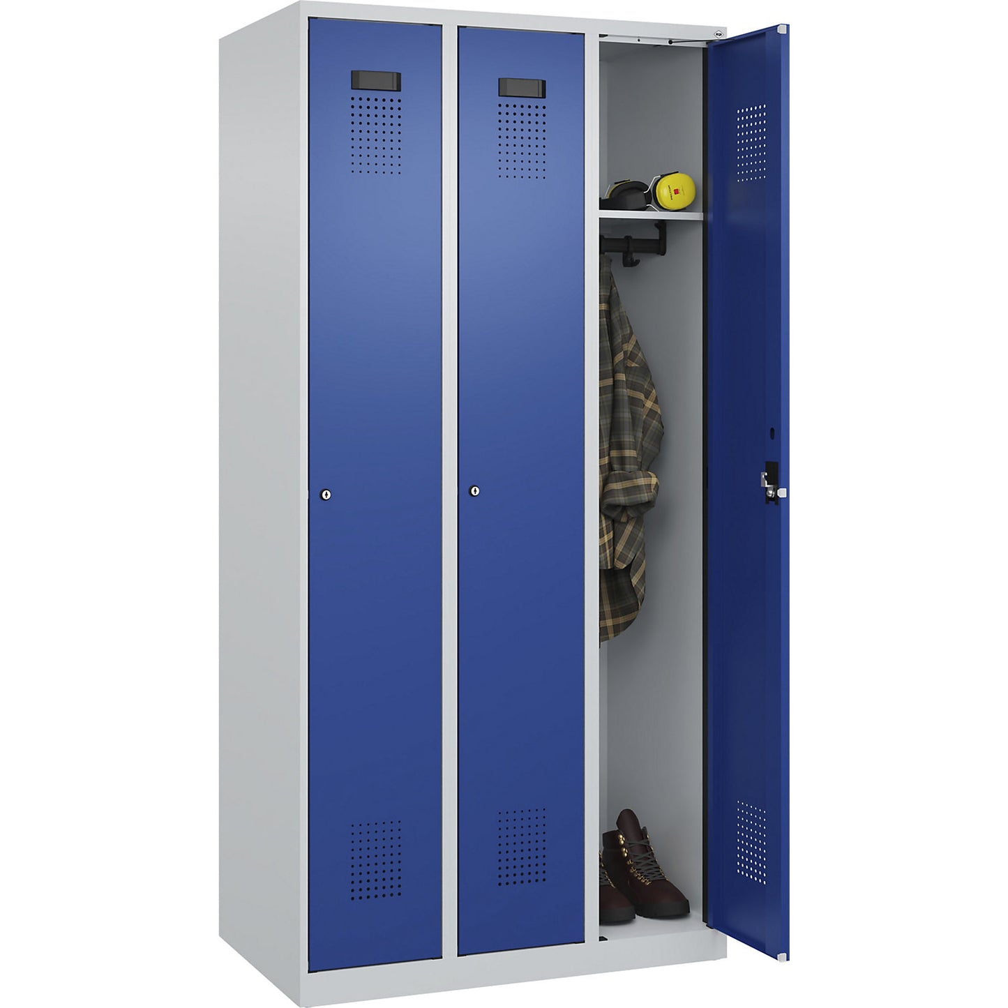 Evolo PLUS locker, 3 compartments, light grey / gentian blue, W 900 mm, with floor glides, cylinder lock.