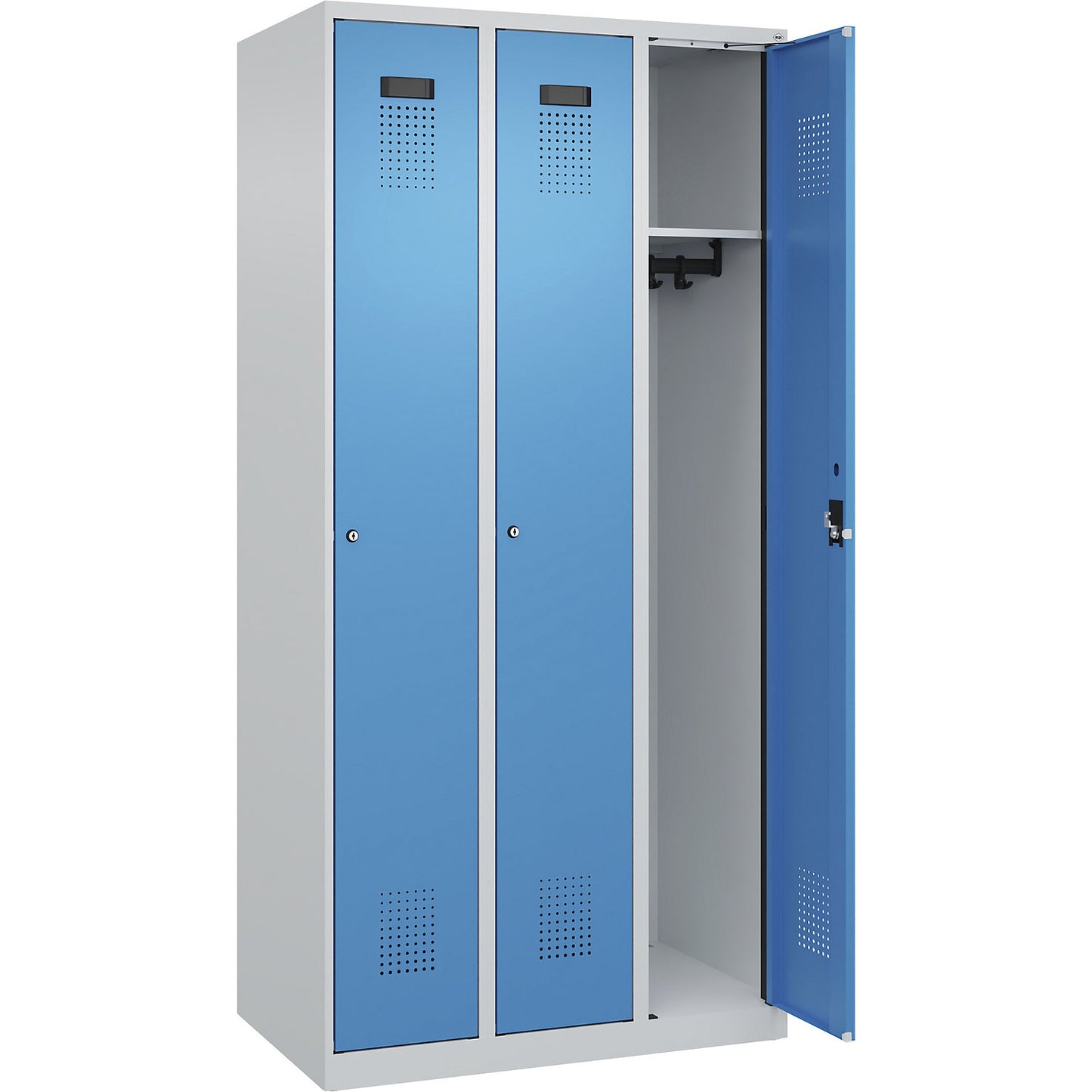 Evolo PLUS locker, 3 compartments, light grey / light blue, W 900 mm, with floor glides, cylinder lock.
