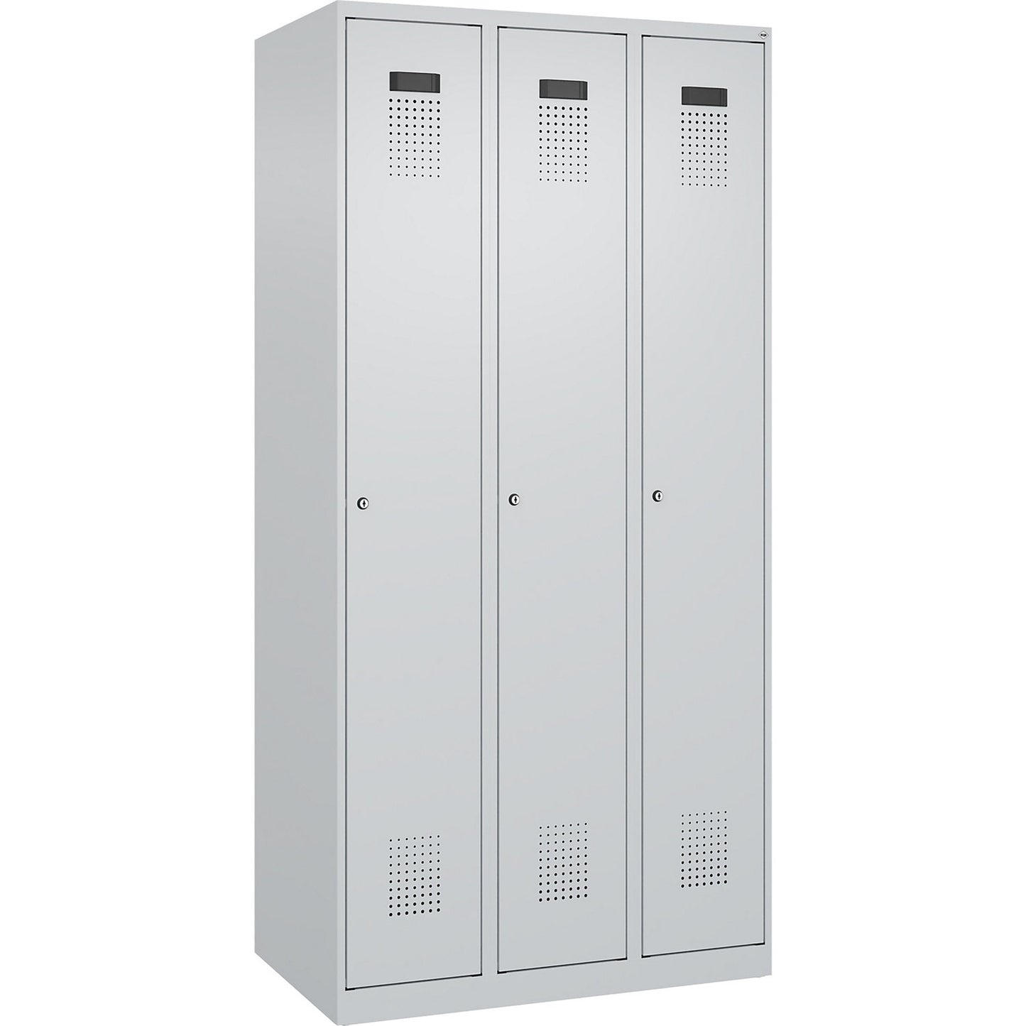 Evolo PLUS locker, 3 compartments, light grey, W 900 mm, with floor glides, cylinder lock.