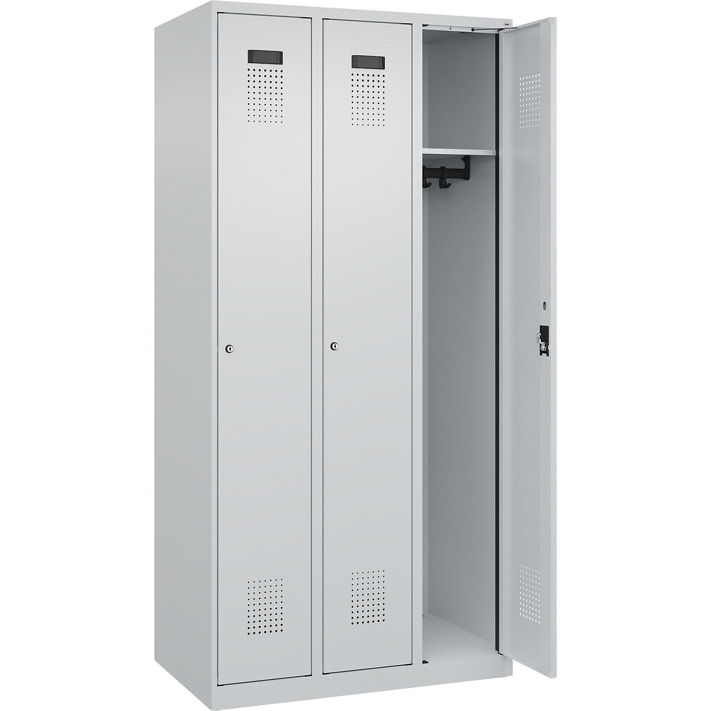 Evolo PLUS locker, 3 compartments, light grey, W 900 mm, with floor glides, cylinder lock.