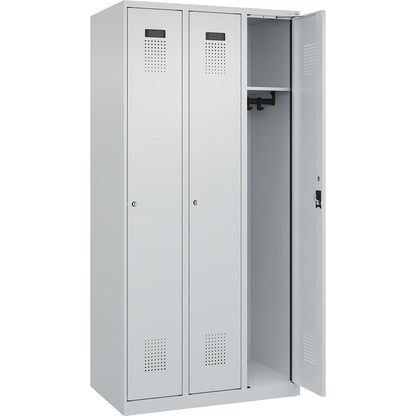 Evolo PLUS locker, 3 compartments, light grey, W 900 mm, with floor glides, cylinder lock.