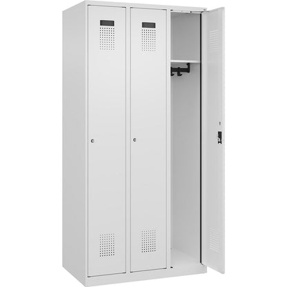 Evolo PLUS locker, 3 compartments, traffic white, W 900 mm, with floor glides, cylinder lock.