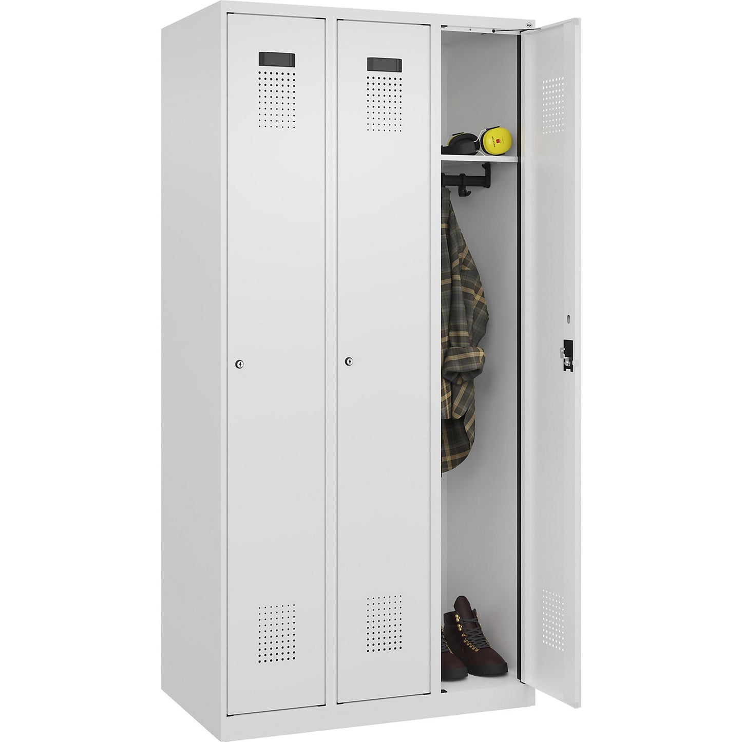Evolo PLUS locker, 3 compartments, traffic white, W 900 mm, with floor glides, cylinder lock.