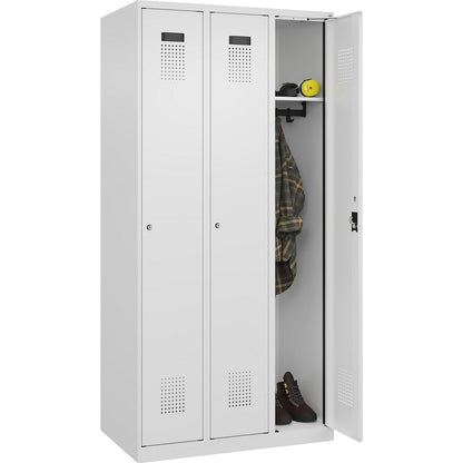 Evolo PLUS locker, 3 compartments, traffic white, W 900 mm, with floor glides, cylinder lock.