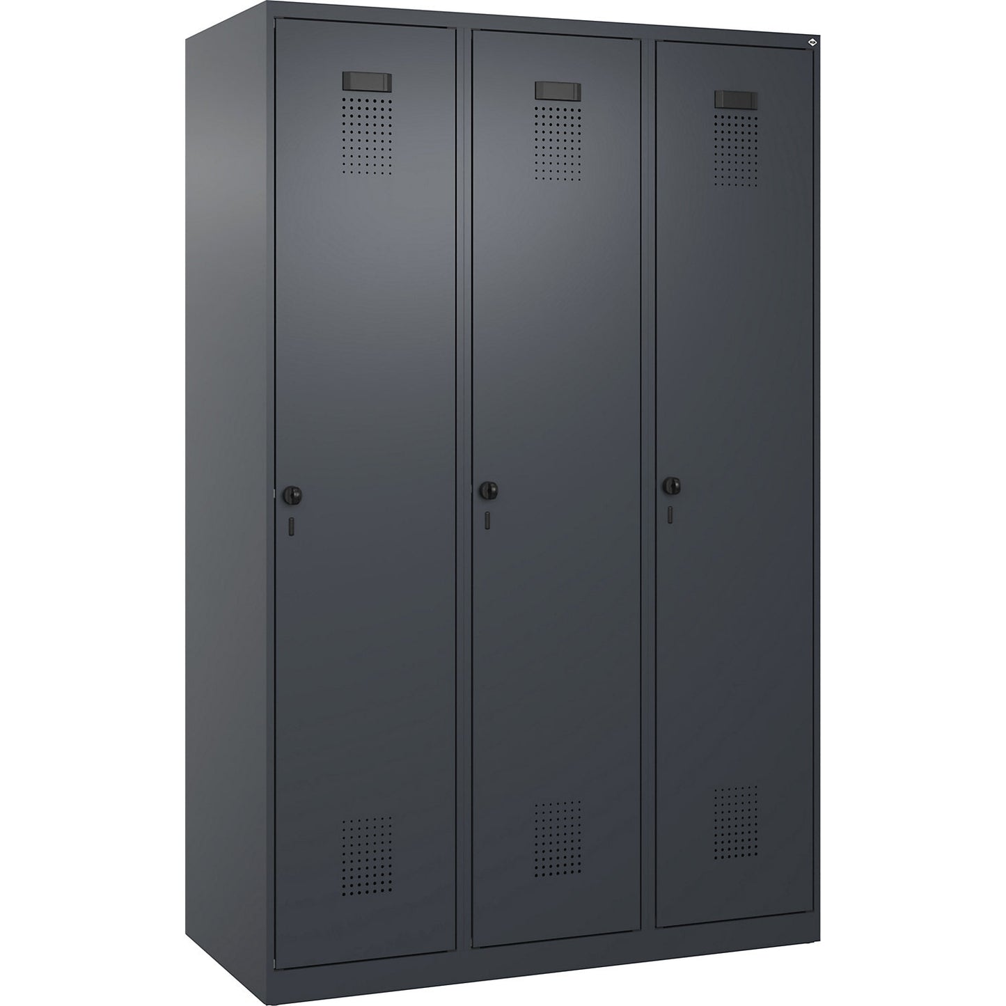 Evolo PLUS locker, 3 compartments, grey, W 1200 mm, with floor glides, rotary bolt.