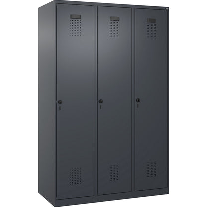 Evolo PLUS locker, 3 compartments, grey, W 1200 mm, with floor glides, rotary bolt.
