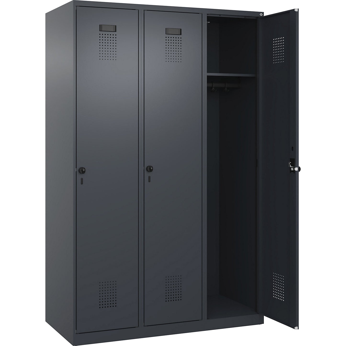 Evolo PLUS locker, 3 compartments, grey, W 1200 mm, with floor glides, rotary bolt.