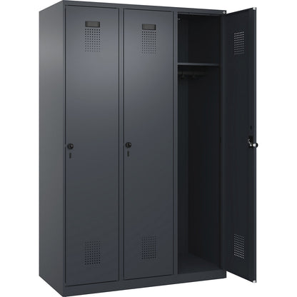 Evolo PLUS locker, 3 compartments, grey, W 1200 mm, with floor glides, rotary bolt.