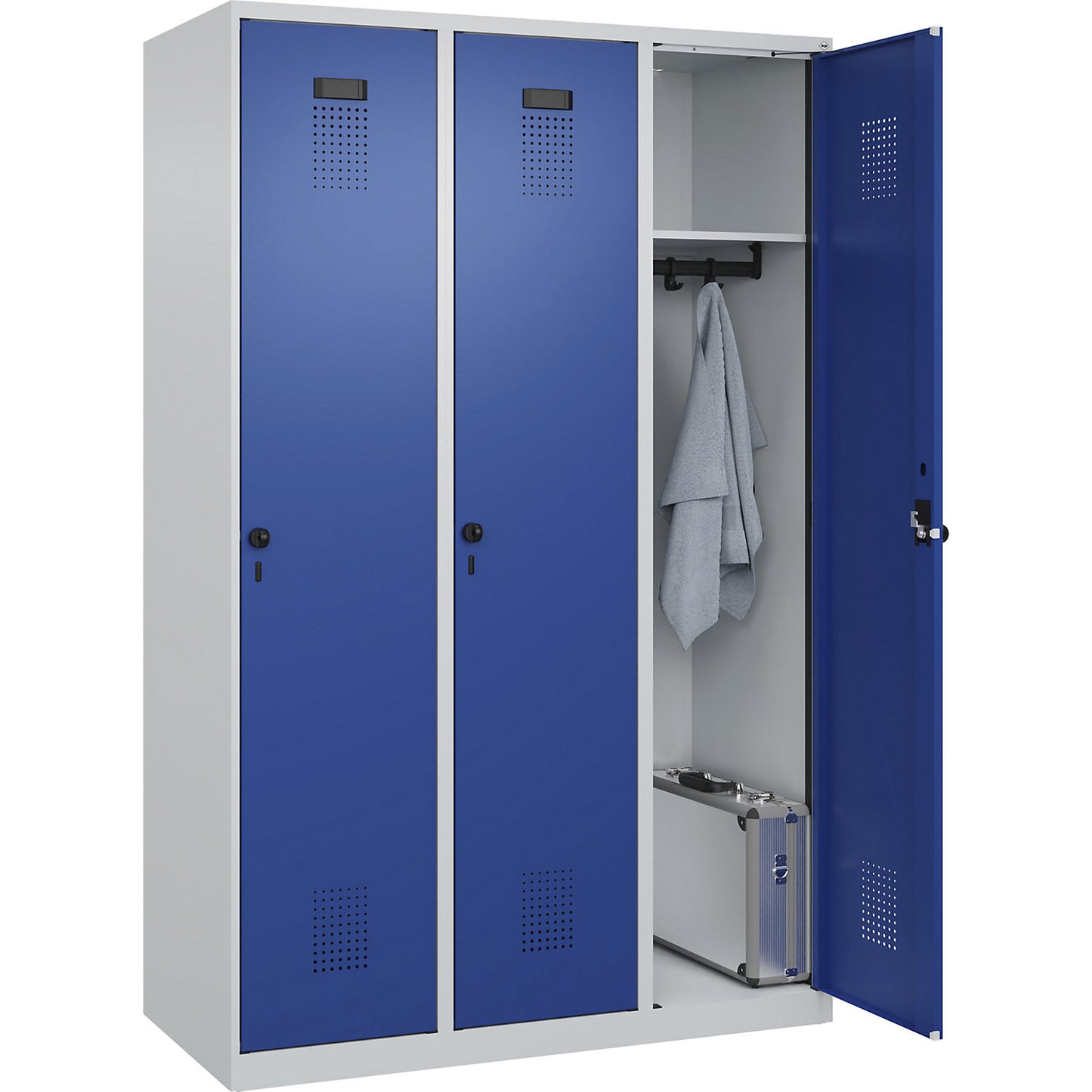 Evolo PLUS locker, 3 compartments, light grey / gentian blue, W 1200 mm, with floor glides, rotary bolt.