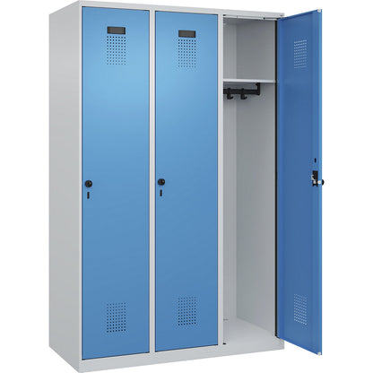 Evolo PLUS locker, 3 compartments, light grey / light blue, W 1200 mm, with floor glides, rotary bolt.