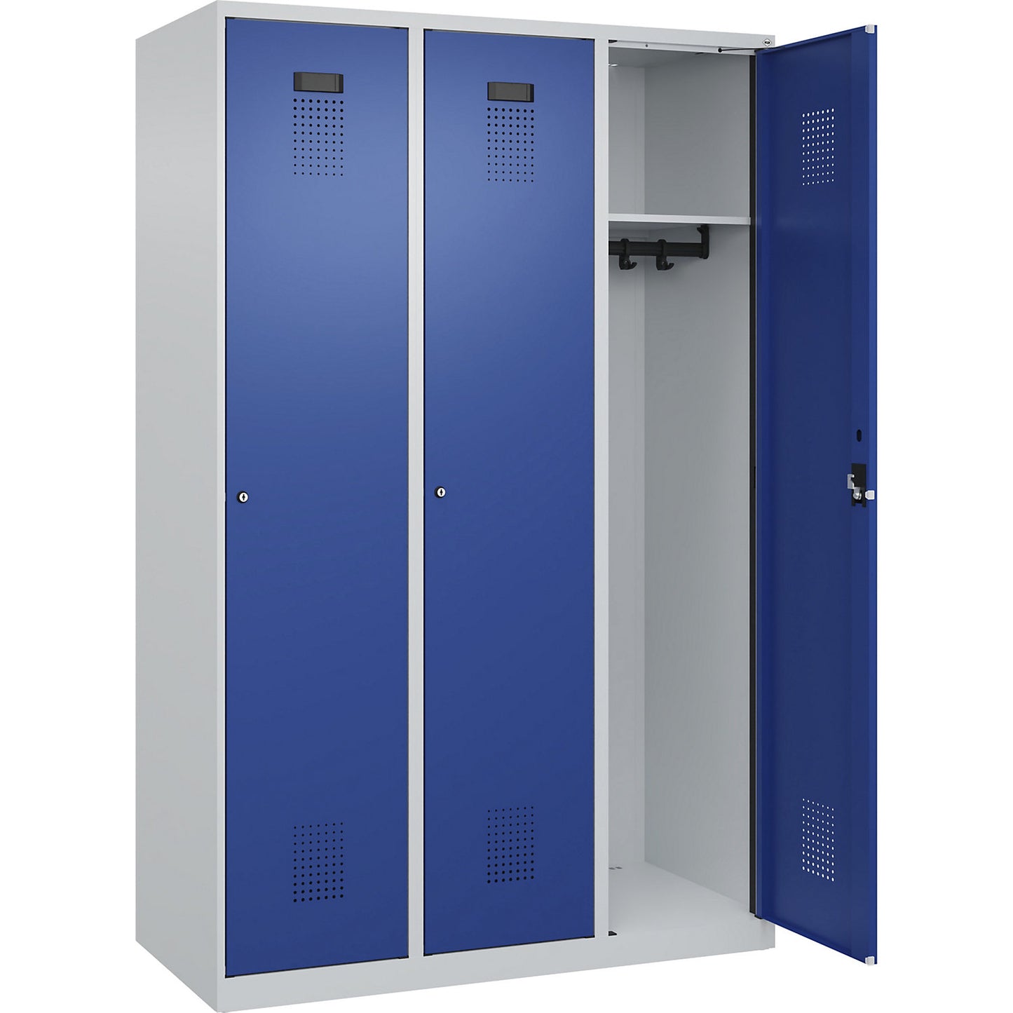 Evolo PLUS locker, 3 compartments, light grey / gentian blue, W 1200 mm, with floor glides, cylinder lock.