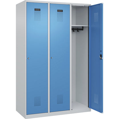 Evolo PLUS locker, 3 compartments, light grey / light blue, W 1200 mm, with floor glides, cylinder lock.