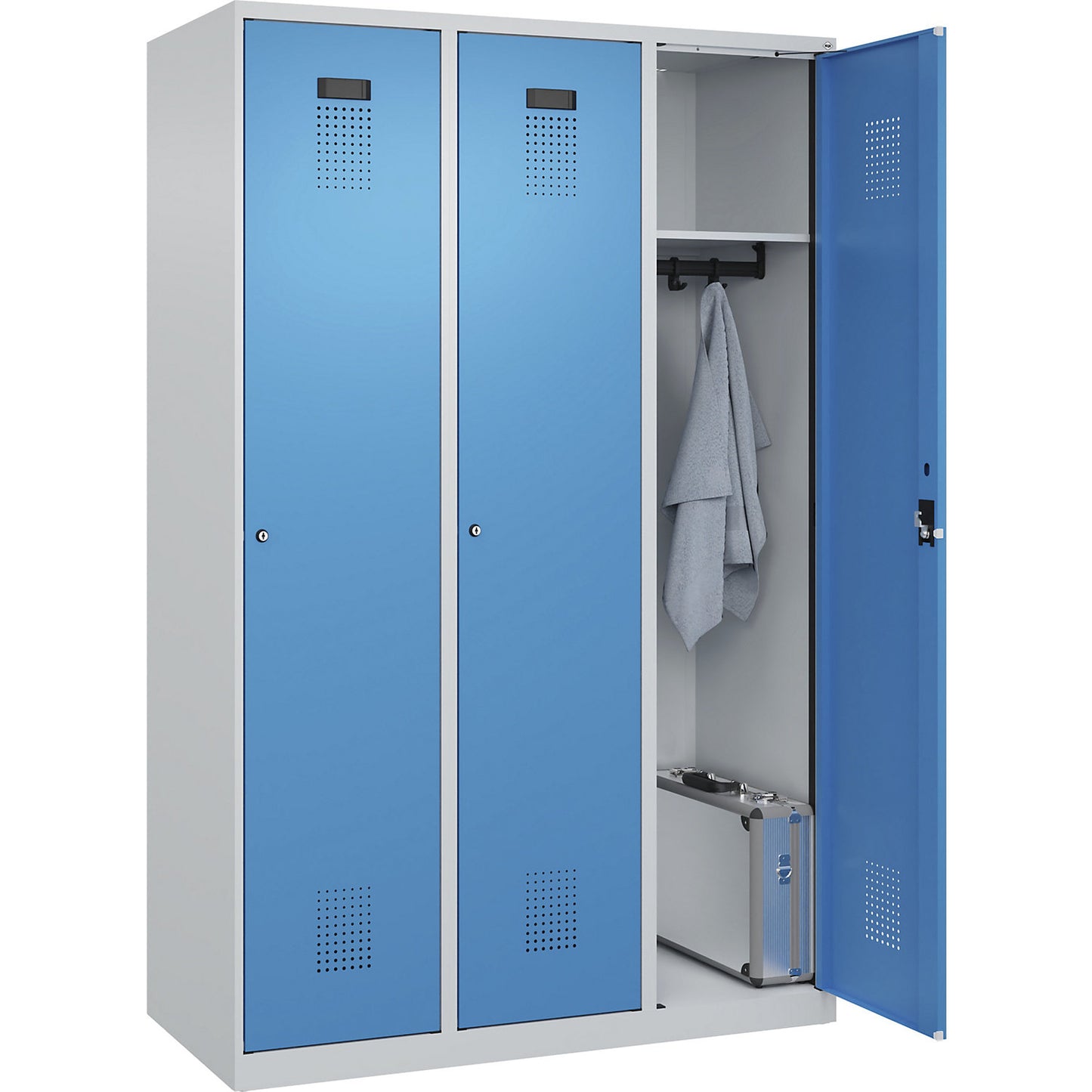 Evolo PLUS locker, 3 compartments, light grey / light blue, W 1200 mm, with floor glides, cylinder lock.