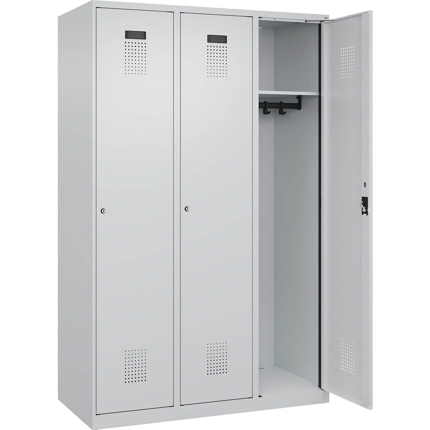 Evolo PLUS locker, 3 compartments, light grey, W 1200 mm, with floor glides, cylinder lock.