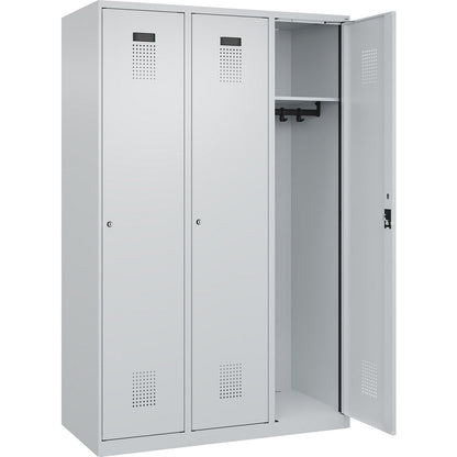 Evolo PLUS locker, 3 compartments, light grey, W 1200 mm, with floor glides, cylinder lock.