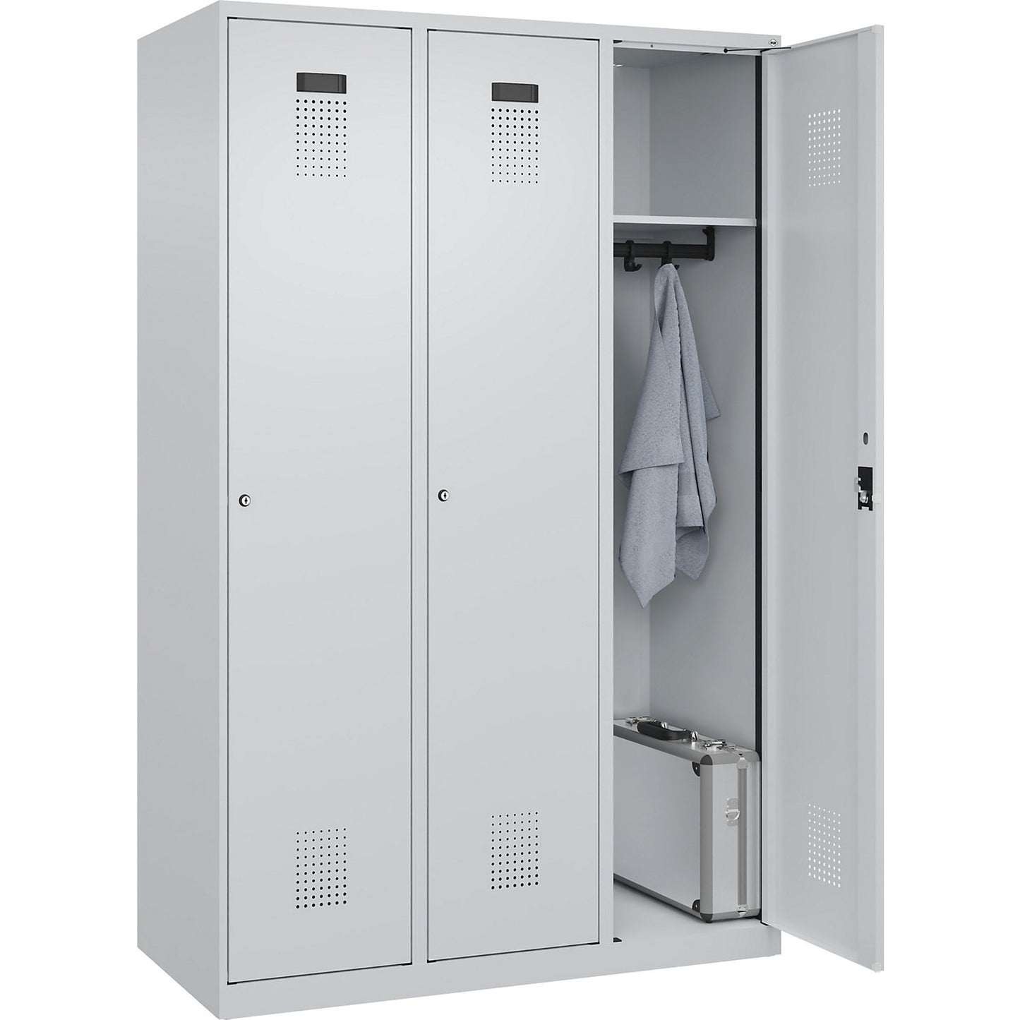 Evolo PLUS locker, 3 compartments, light grey, W 1200 mm, with floor glides, cylinder lock.