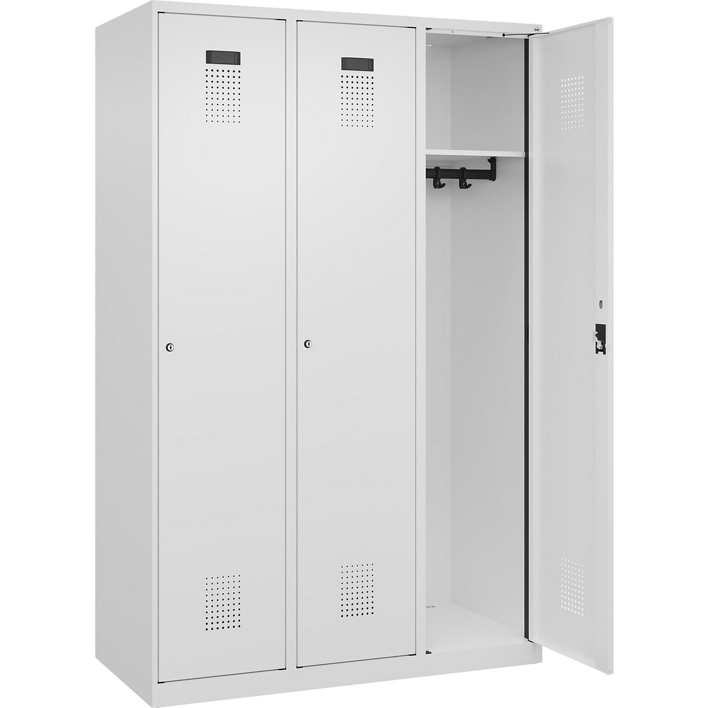 Evolo PLUS locker, 3 compartments, traffic white, W 1200 mm, with floor glides, cylinder lock.