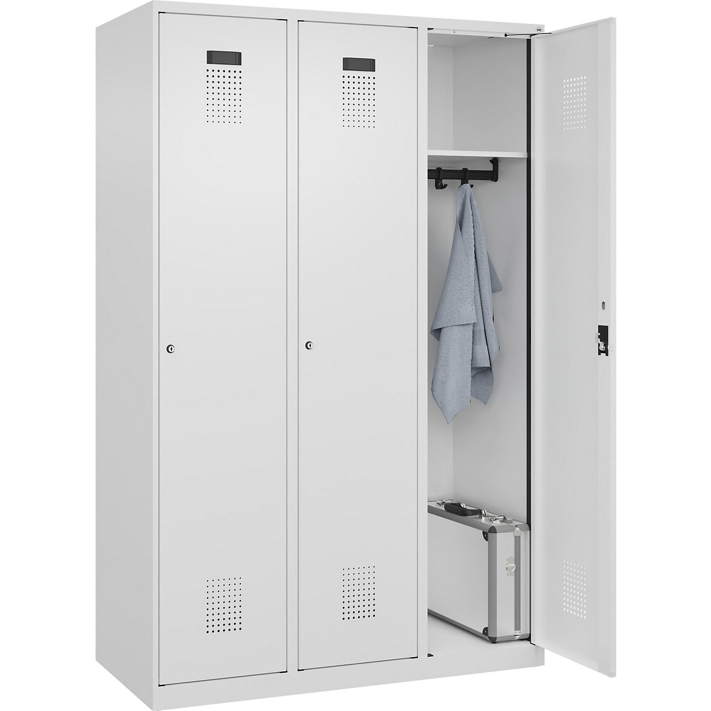 Evolo PLUS locker, 3 compartments, traffic white, W 1200 mm, with floor glides, cylinder lock.