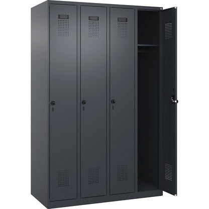 Evolo PLUS locker, 4 compartments, grey, W 1200 mm, with floor glides, rotary bolt.