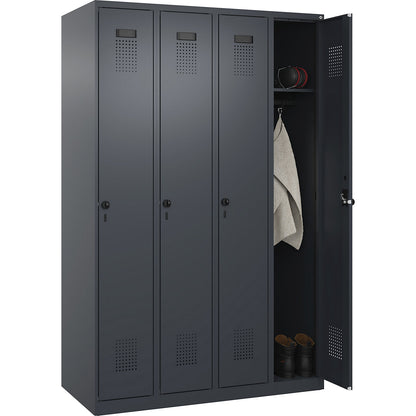 Evolo PLUS locker, 4 compartments, grey, W 1200 mm, with floor glides, rotary bolt.