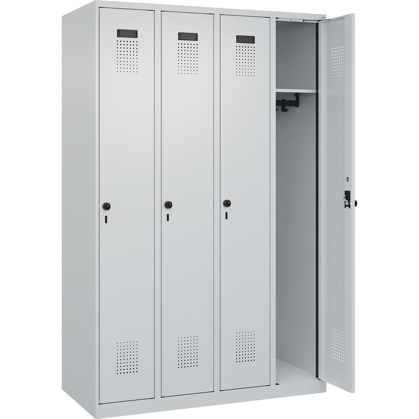 Evolo PLUS locker, 4 compartments, light grey, W 1200 mm, with floor glides, rotary bolt.