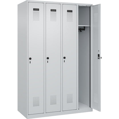 Evolo PLUS locker, 4 compartments, light grey, W 1200 mm, with floor glides, rotary bolt.