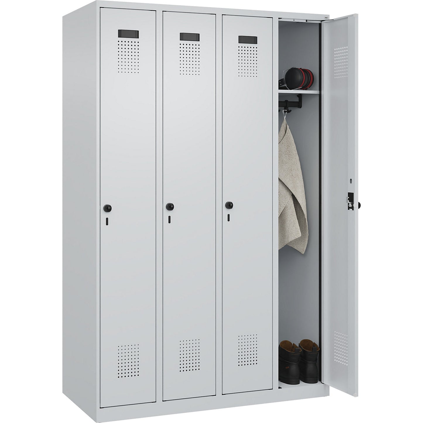 Evolo PLUS locker, 4 compartments, light grey, W 1200 mm, with floor glides, rotary bolt.