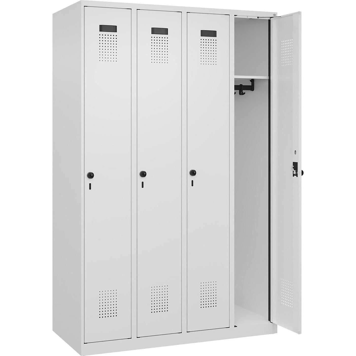 Evolo PLUS locker, 4 compartments, traffic white, W 1200 mm, with floor glides, rotary bolt.