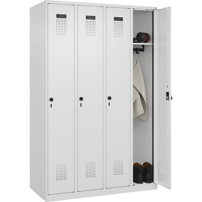 Evolo PLUS locker, 4 compartments, traffic white, W 1200 mm, with floor glides, rotary bolt.