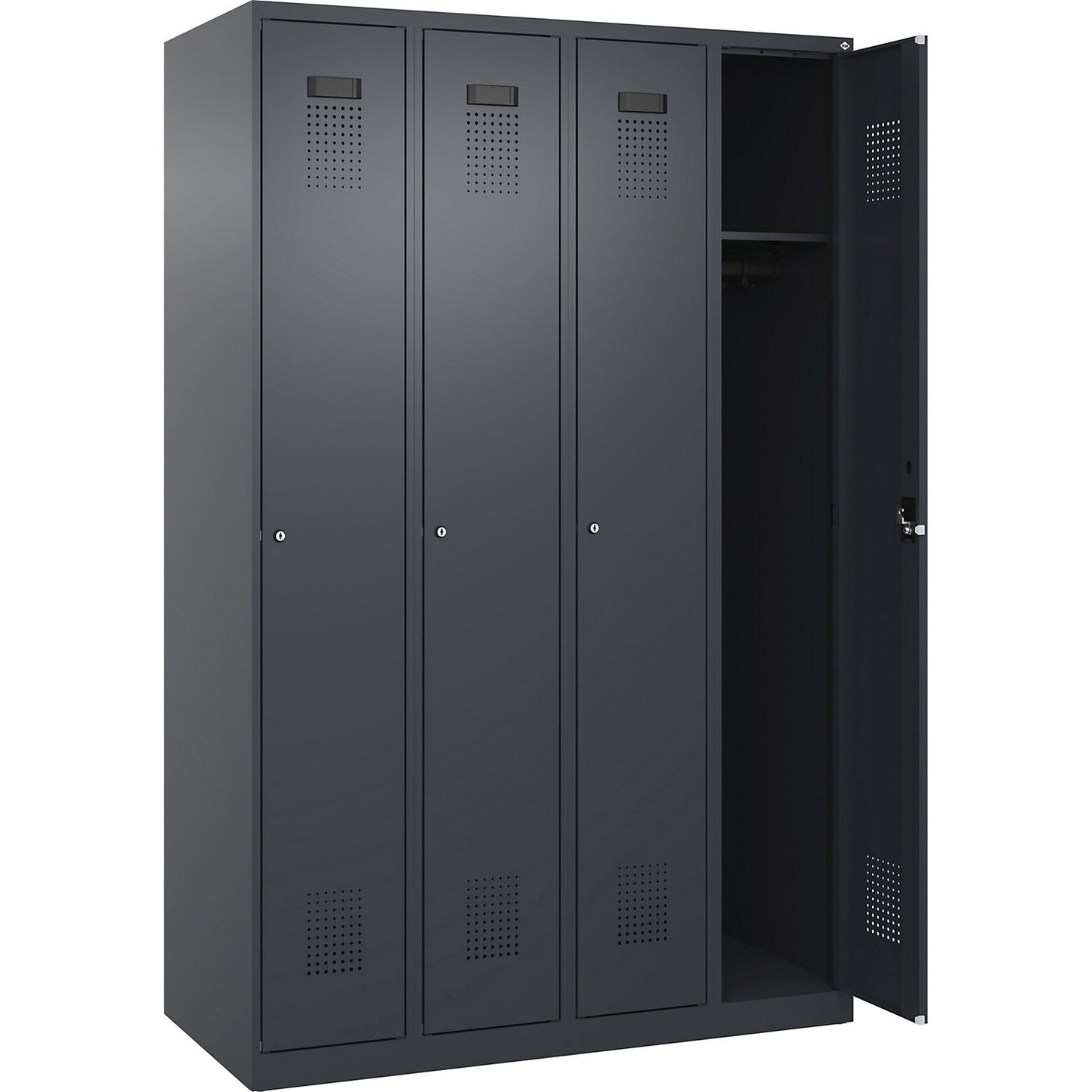 Evolo PLUS locker, 4 compartments, grey, W 1200 mm, with floor glides, cylinder lock.