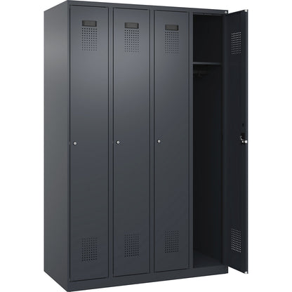 Evolo PLUS locker, 4 compartments, grey, W 1200 mm, with floor glides, cylinder lock.