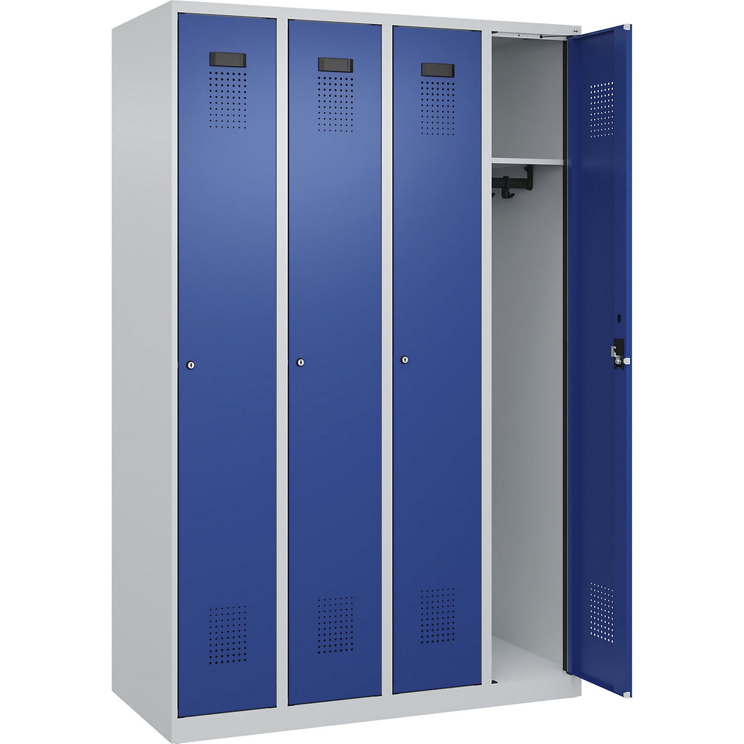 Evolo PLUS locker, 4 compartments, light grey / gentian blue, W 1200 mm, with floor glides, cylinder lock.