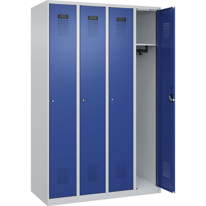 Evolo PLUS locker, 4 compartments, light grey / gentian blue, W 1200 mm, with floor glides, cylinder lock.