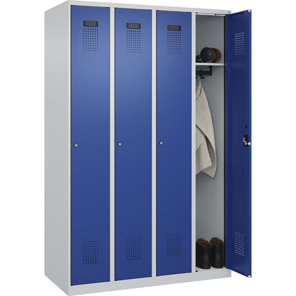 Evolo PLUS locker, 4 compartments, light grey / gentian blue, W 1200 mm, with floor glides, cylinder lock.