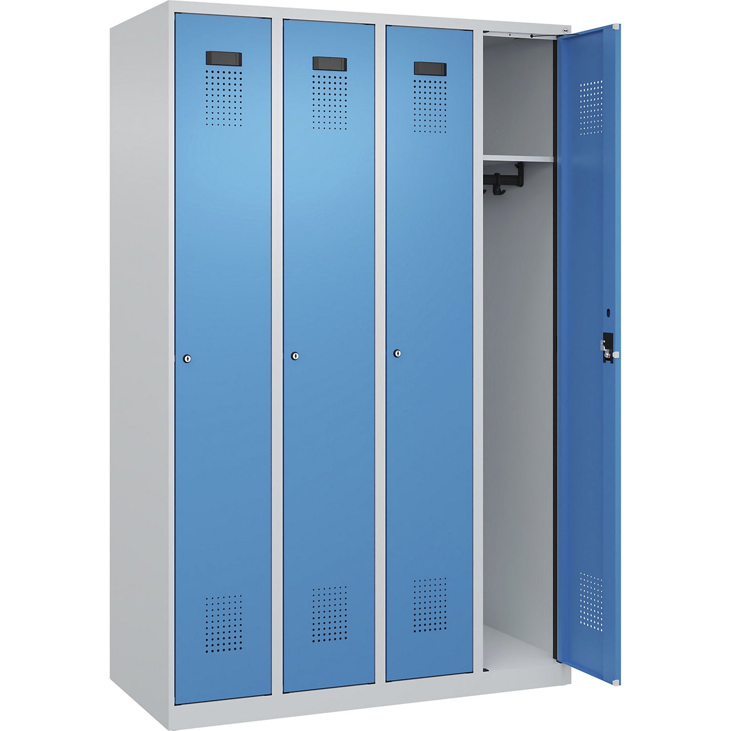 Evolo PLUS locker, 4 compartments, light grey / light blue, W 1200 mm, with floor glides, cylinder lock.