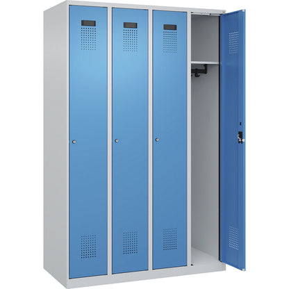 Evolo PLUS locker, 4 compartments, light grey / light blue, W 1200 mm, with floor glides, cylinder lock.
