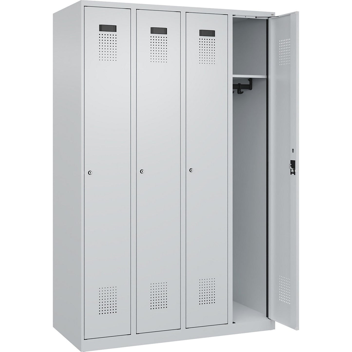 Evolo PLUS locker, 4 compartments, light grey, W 1200 mm, with floor glides, cylinder lock.