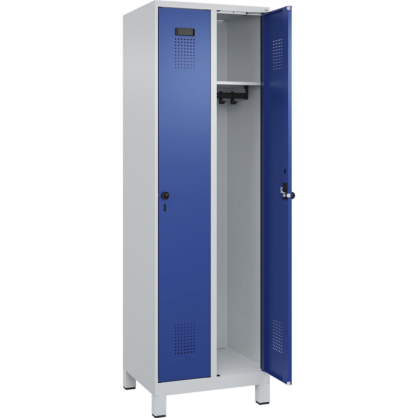 Evolo PLUS locker, 2 compartments, light grey / gentian blue, W 600 mm, with wide feet, rotary bolt.