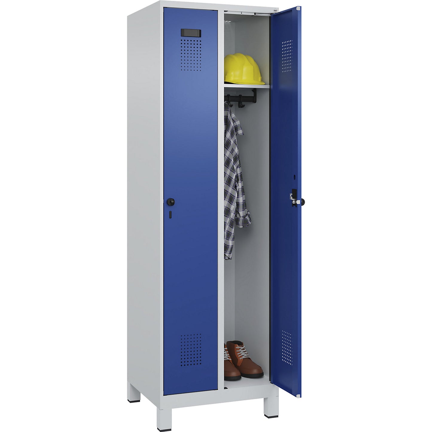 Evolo PLUS locker, 2 compartments, light grey / gentian blue, W 600 mm, with wide feet, rotary bolt.