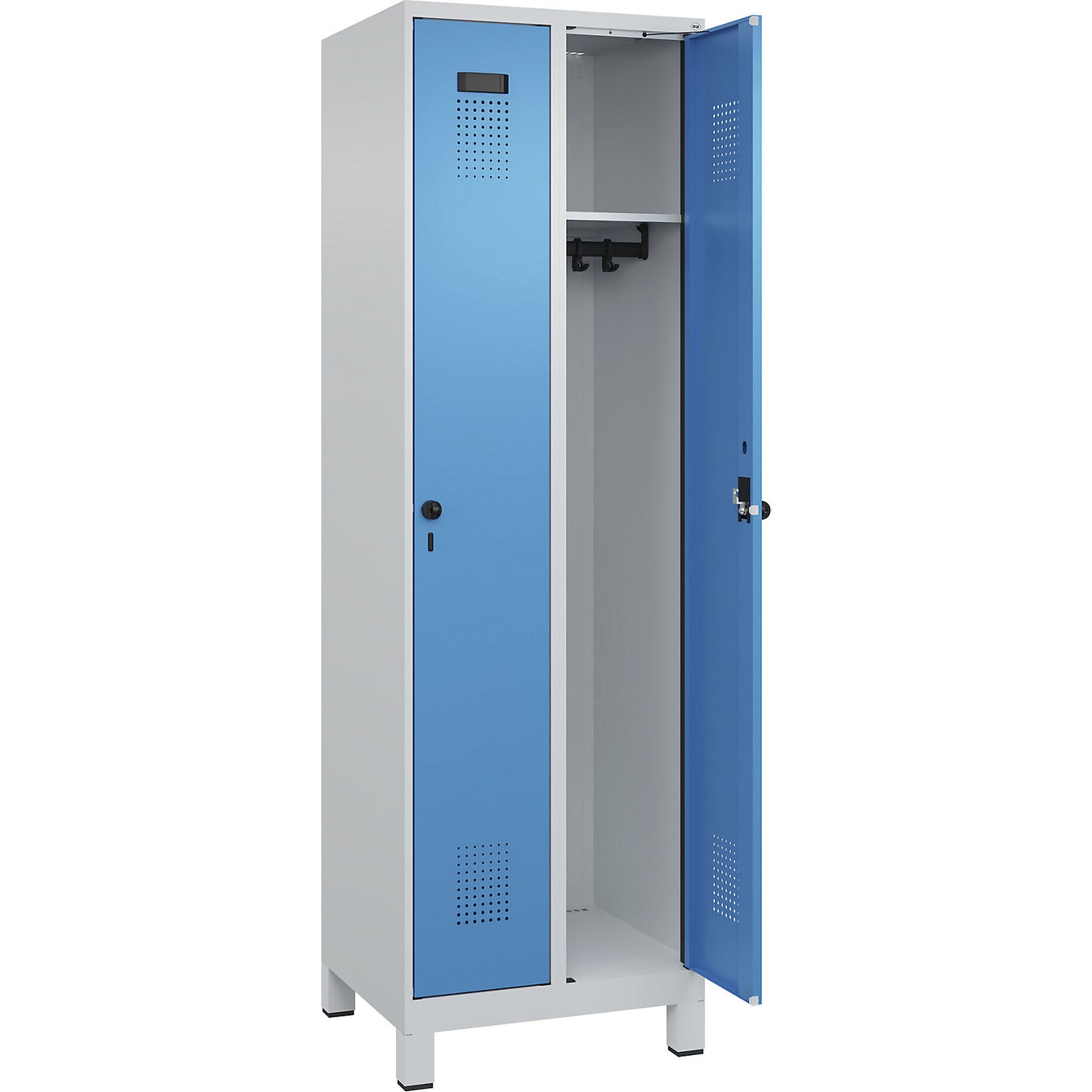 Evolo PLUS locker, 2 compartments, light grey / light blue, W 600 mm, with wide feet, rotary bolt.