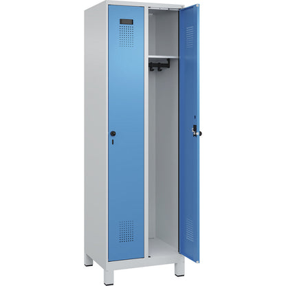 Evolo PLUS locker, 2 compartments, light grey / light blue, W 600 mm, with wide feet, rotary bolt.