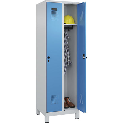Evolo PLUS locker, 2 compartments, light grey / light blue, W 600 mm, with wide feet, rotary bolt.