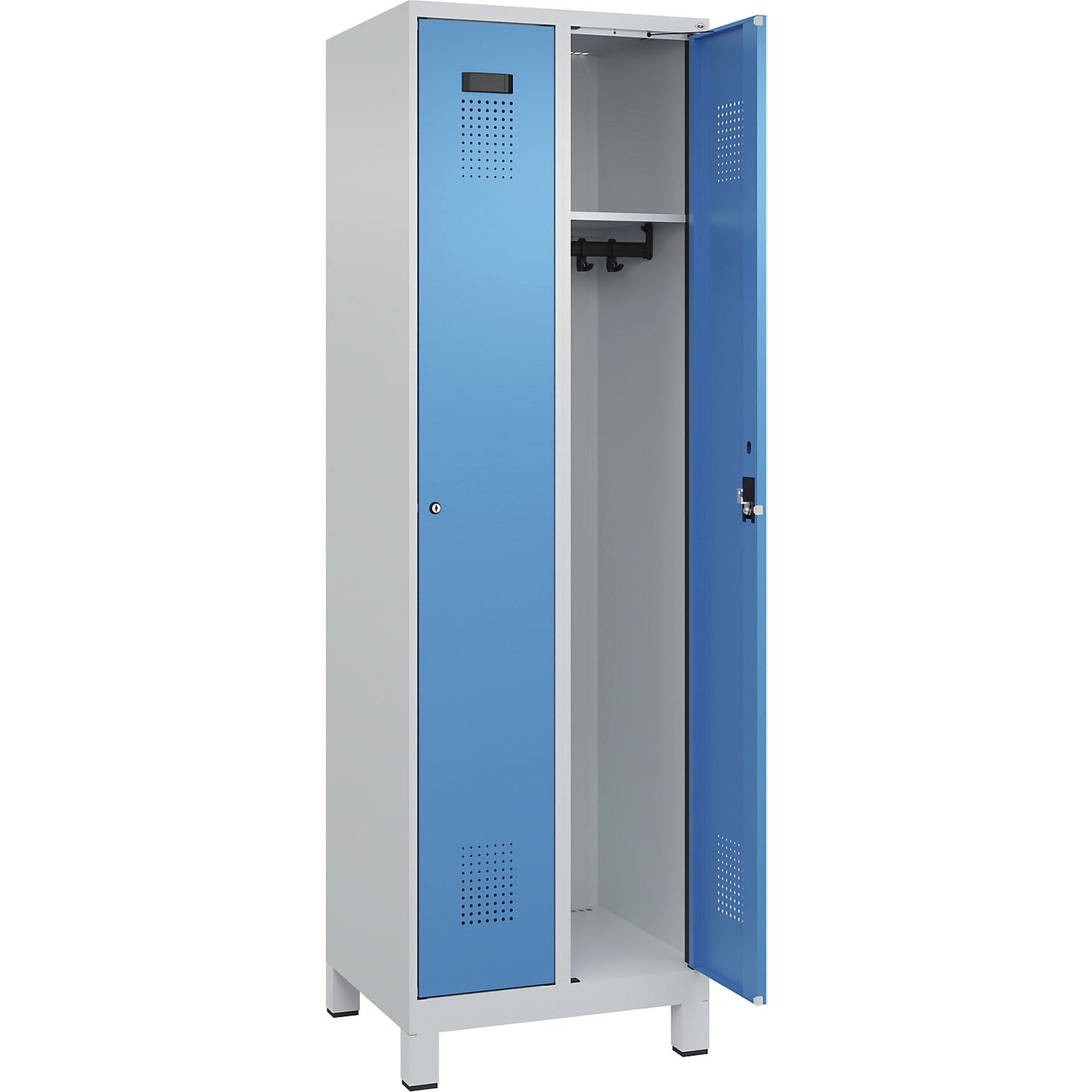Evolo PLUS locker, 2 compartments, light grey / light blue, W 600 mm, with wide feet, cylinder lock.