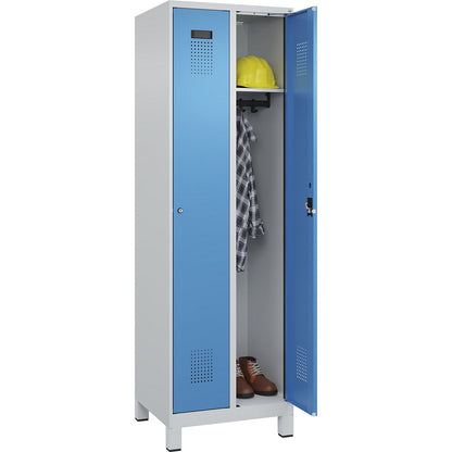 Evolo PLUS locker, 2 compartments, light grey / light blue, W 600 mm, with wide feet, cylinder lock.