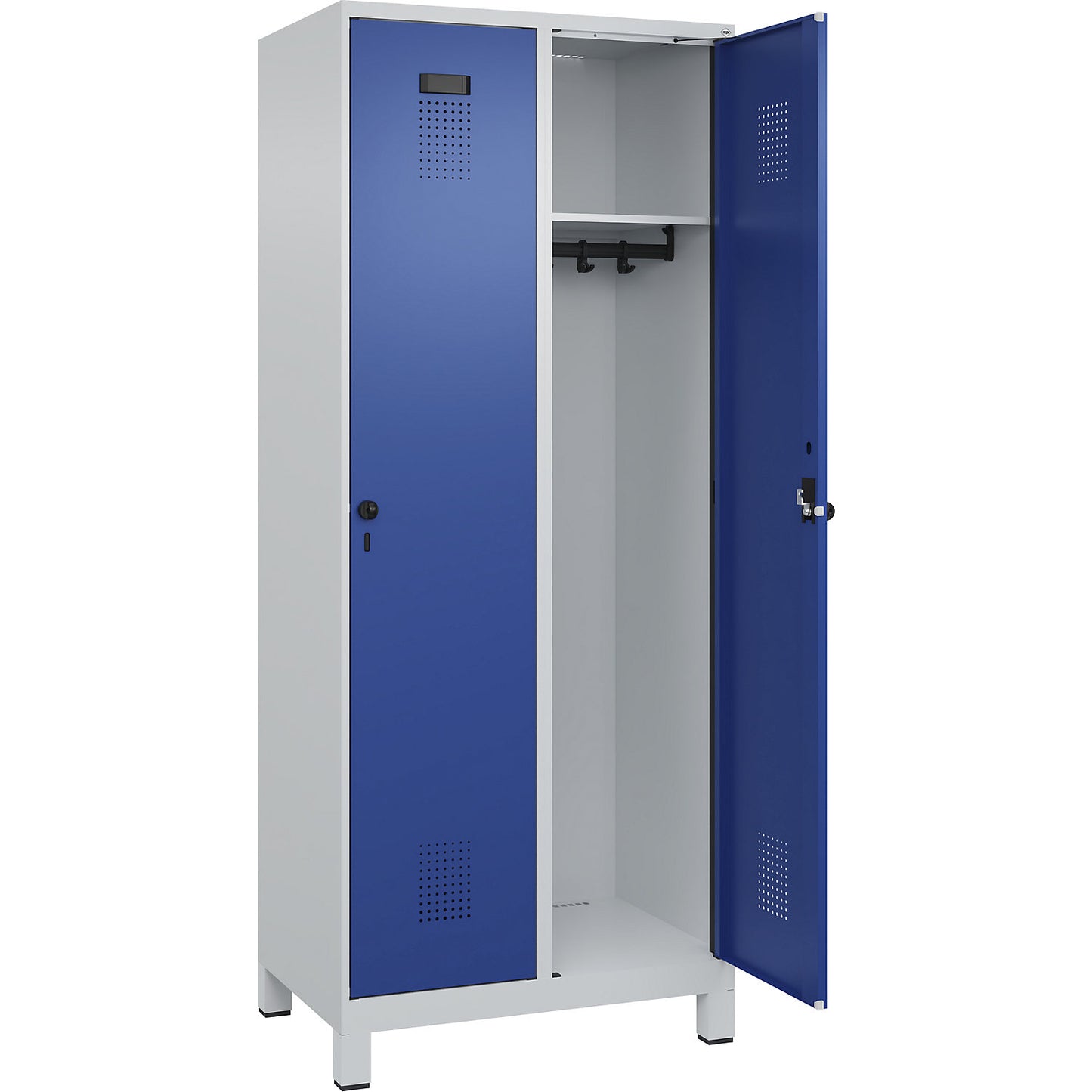 Evolo PLUS locker, 2 compartments, light grey / gentian blue, W 800 mm, with wide feet, rotary bolt.