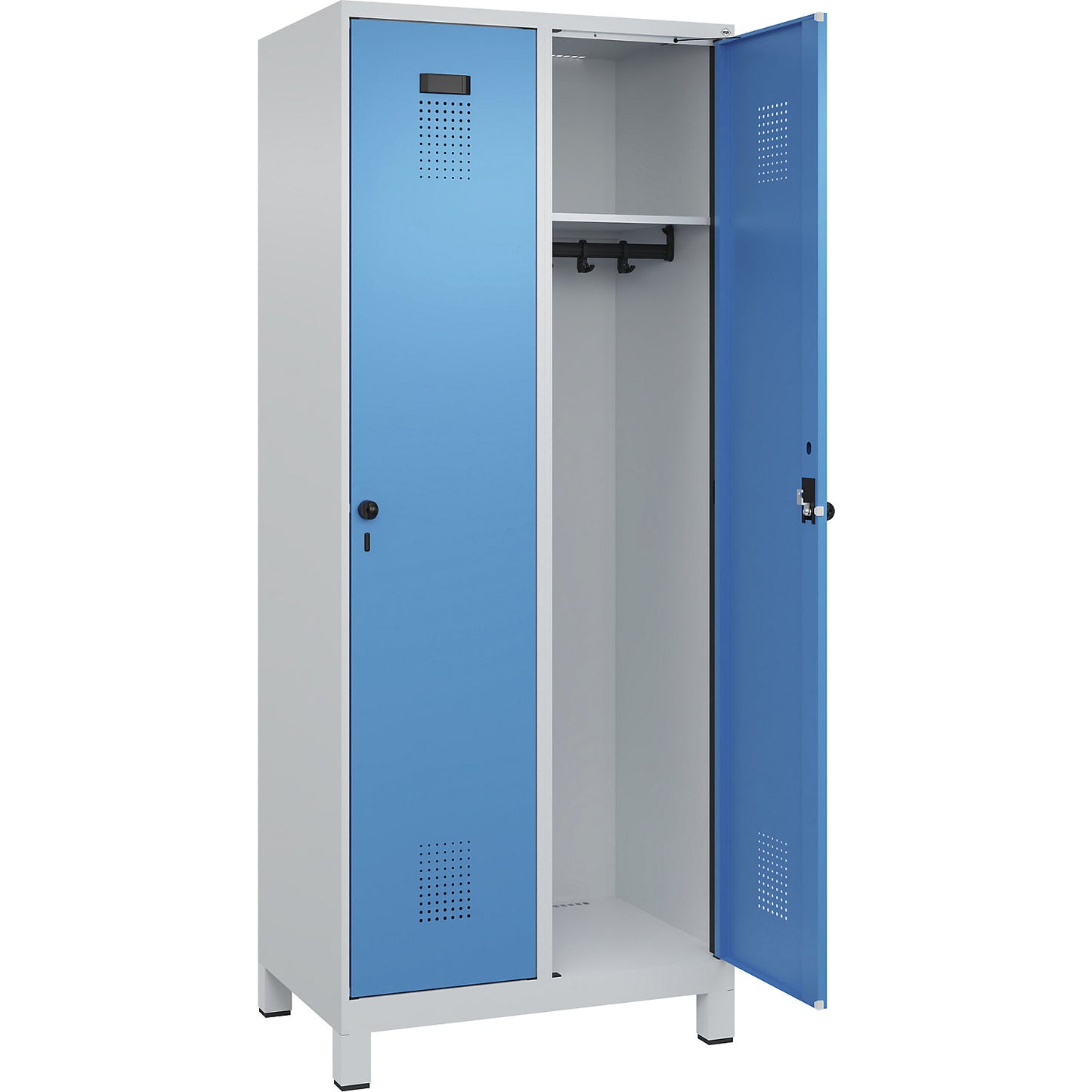Evolo PLUS locker, 2 compartments, light grey / light blue, W 800 mm, with wide feet, rotary bolt.