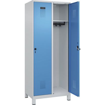 Evolo PLUS locker, 2 compartments, light grey / light blue, W 800 mm, with wide feet, rotary bolt.