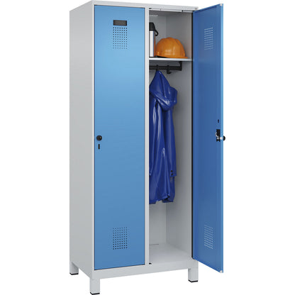Evolo PLUS locker, 2 compartments, light grey / light blue, W 800 mm, with wide feet, rotary bolt.