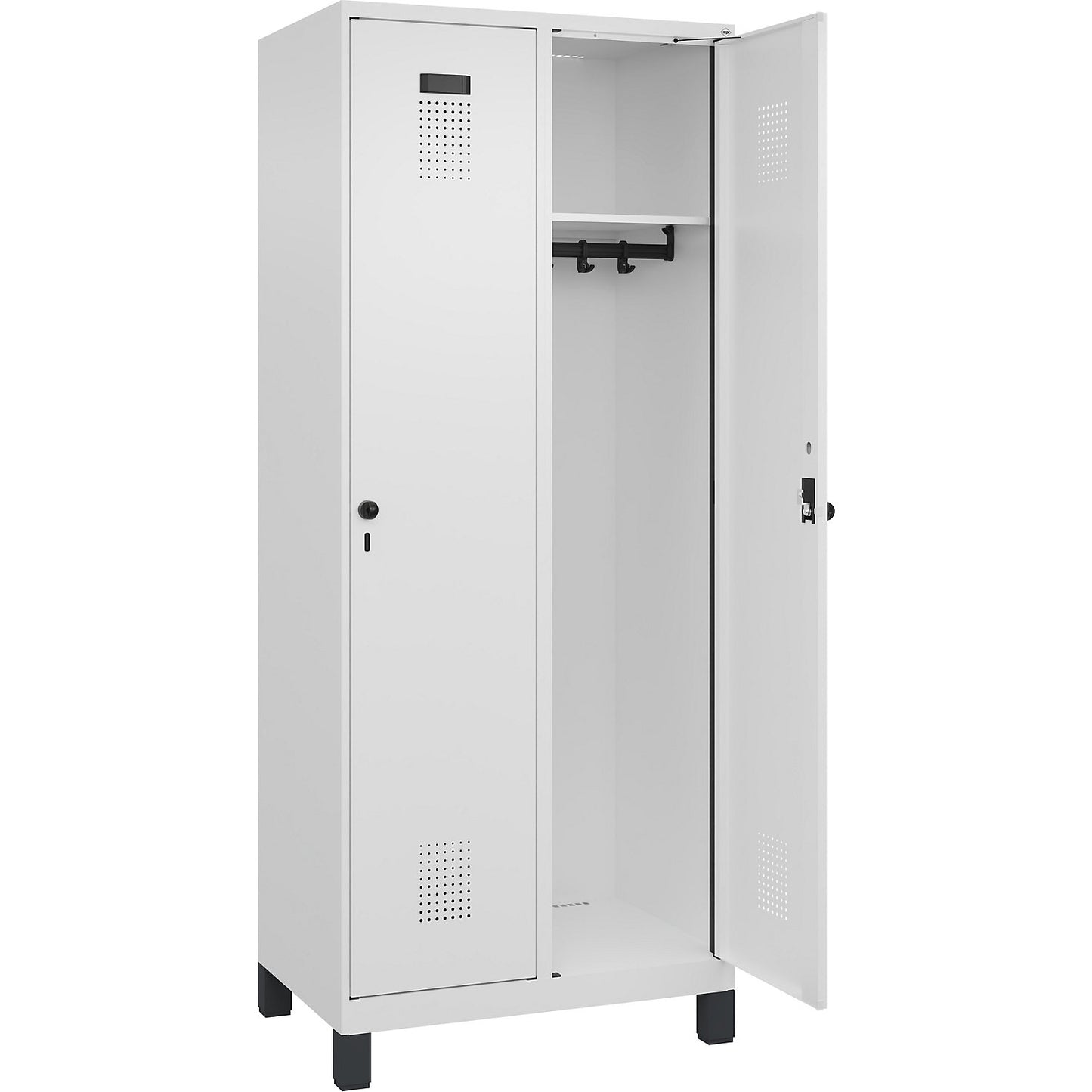 Evolo PLUS locker, 2 compartments, traffic white, W 800 mm, with wide feet, rotary bolt.