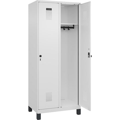 Evolo PLUS locker, 2 compartments, traffic white, W 800 mm, with wide feet, rotary bolt.